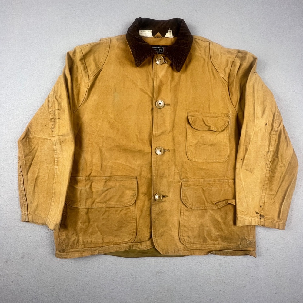 Sears Hunting Jacket Mens Medium Brown Canvas Corduroy Game Pouch Vintage Coat
